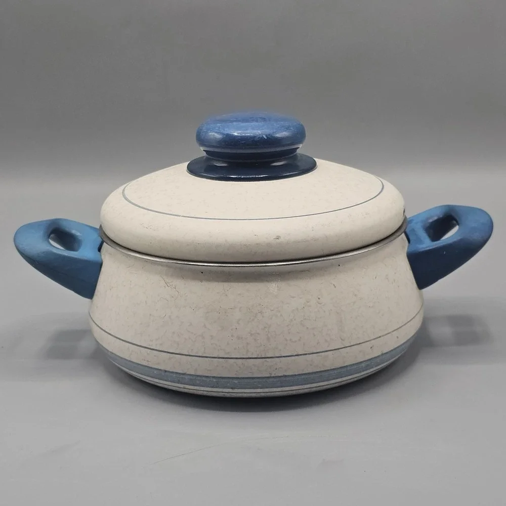 Vintage Silit Enamel Blue 1 QT Saucepot & Lid 60s Double Handle Mid Century